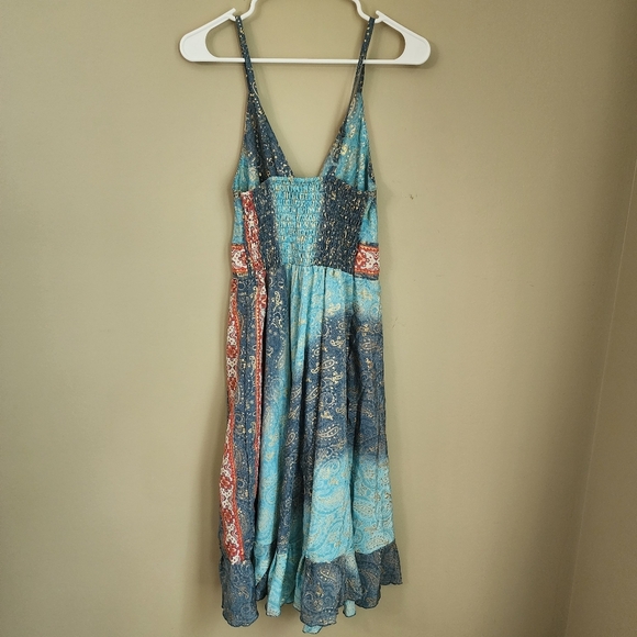 Art Silk Bohemian Blue and Red Sundress Tie Drewstring Waist Shirring Back - Picture 6 of 9